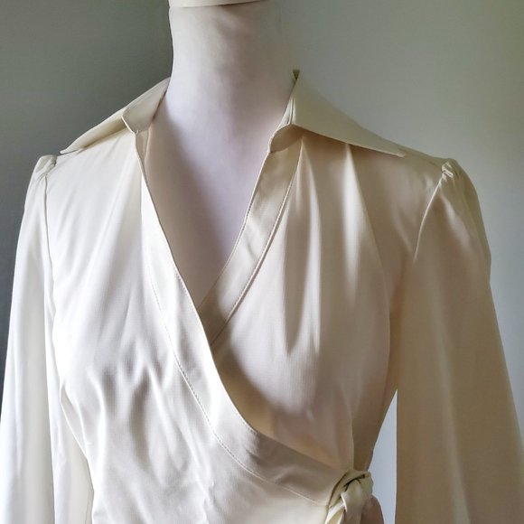 DKNY Couture Style Sculpted Poet Blouse Faux Wrap Balloon Sleeve Collared V Neck - Picture 3 of 10